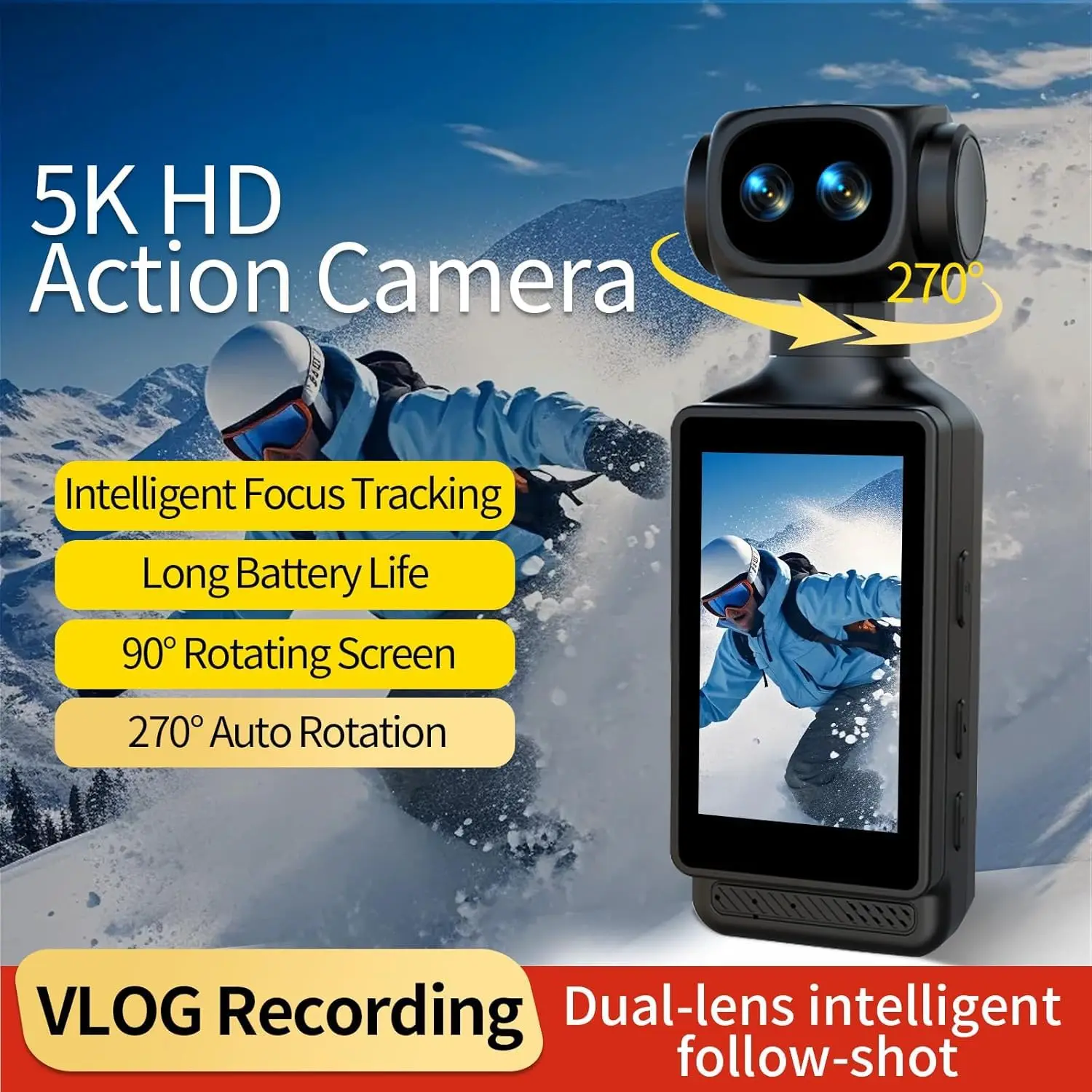 

5K Mini Portable Pocket Vlogging Camcorder Ultra HD,48MP Handheld WiFi Vlogging Camera,270° Rotation Lens 3-inch IPS Screen, for