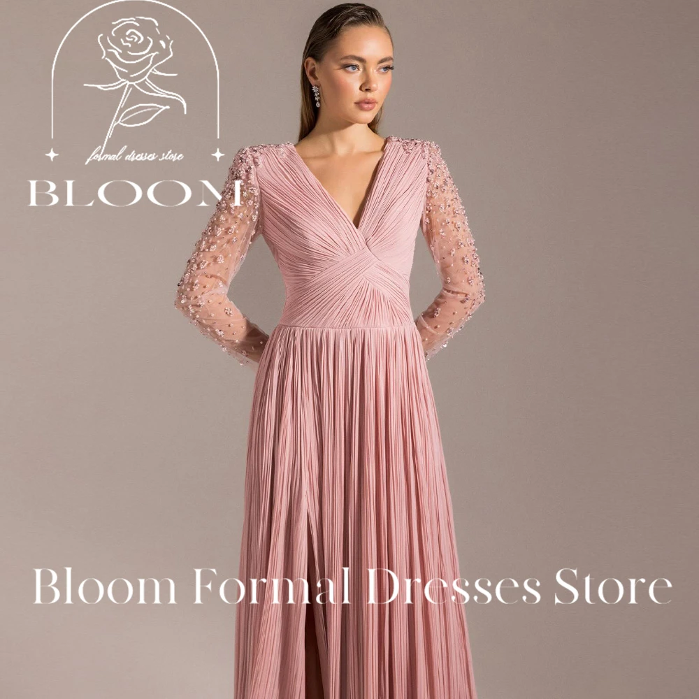 ブルームカスタマイズされた V ネック長袖ビーズプリーツロングイブニングドレスエレガントなフォーマルガウンスタイリッシュでユニークなグラマラス魅力的