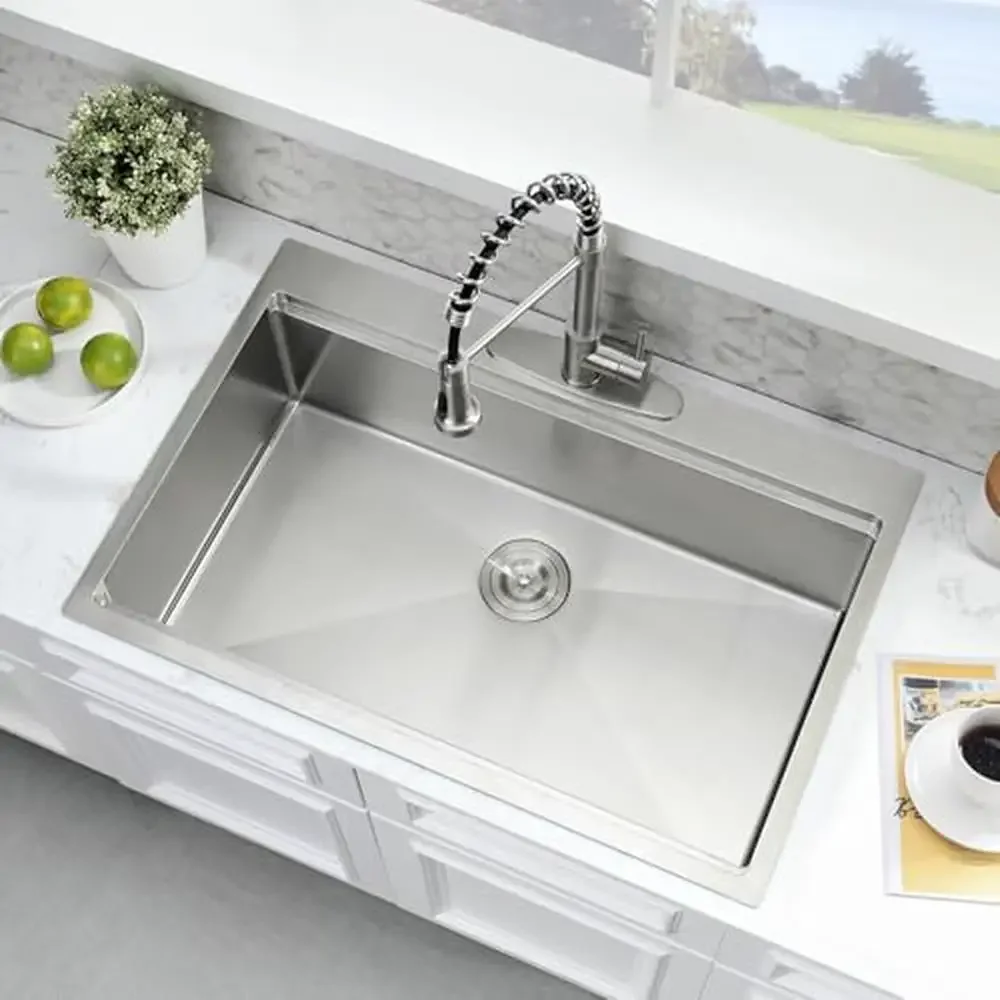 Workstation Sink 33 Inch Stainless Steel Topmount Kitchen Sink 16 Gauge Single Bowl Durable Easy to Clean Drop In Sink Kit