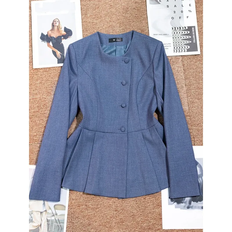 Blazer elegante de oficina para mujer, chaqueta de cuello redondo, ropa de trabajo, azul marino, gris, negro, manga larga, cuello redondo, abrigo Formal femenino, 1 pieza