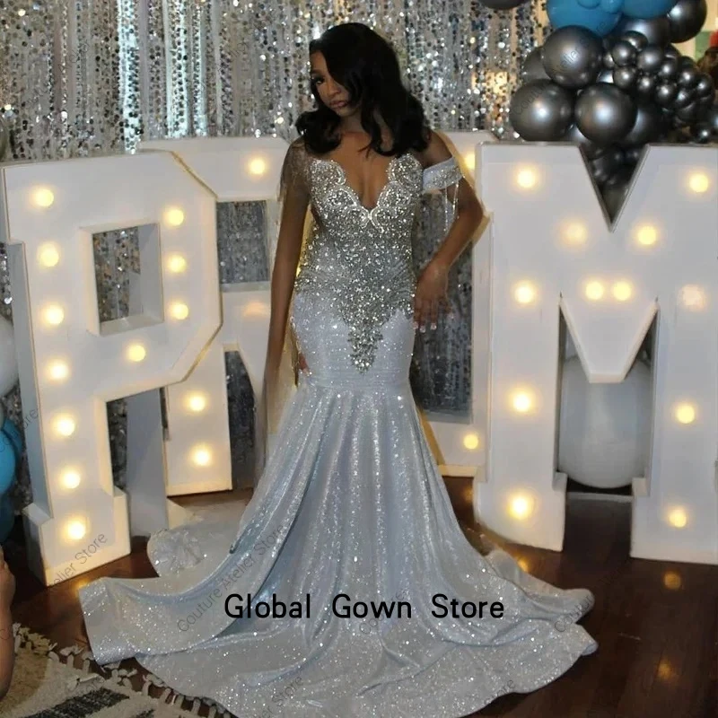 فساتين حفلة موسيقية فاخرة من الكريستال اللامع للفتيات السود سباركلي ترتر حورية البحر رداء حفلات الزفاف مخصص فيستدوس دي سيريمونيا