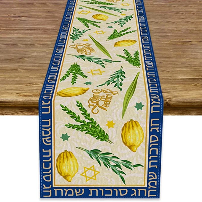 Linen Sukkot Table Runner Hebrew Etrog Lulav Jewish Table Decorations for Souk Kitchen Dining Room Party Decor Table Runner