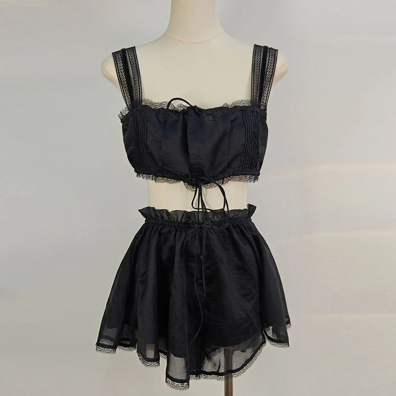 

Sweet Sexy Spicy Girl Pure Desire Lace Trim Rope Tie Brtte Tank Top ort irt f Skirt Set Women's Faion Summer Outfit