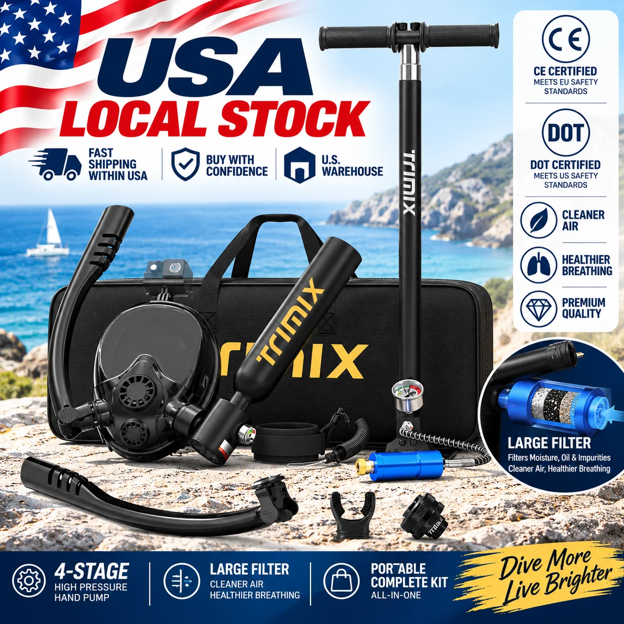 TRIMIX US 24H Shipping 0.5L Mini Scuba Tank Set with Dual-Tube Snorkel Mask, 4-Stage High Pressure Hand Pump, Large Air Filter, Refillable Reusable Diving Cylinder, CE & DOT Certified, for Snorkeling, Emergency Backup Air & Rescue, Up to 10 Min