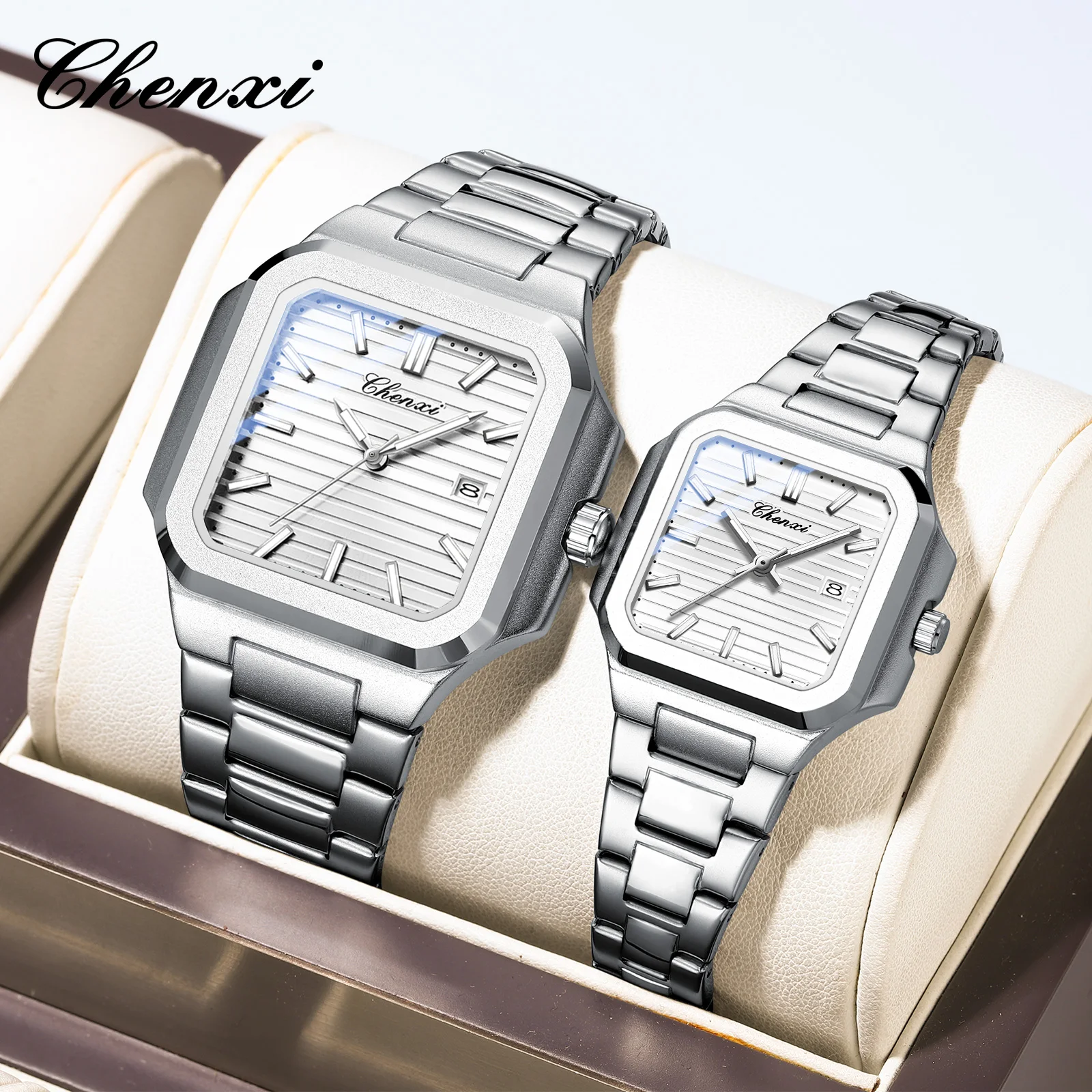 2 قطعة ساعات الزوجين عالية الجودة الفاخرة الأصلية ساحة ساعة كوارتز زوج الرجال النساء مقاوم للماء مضيئة عشاق مجموعة ساعة هدية