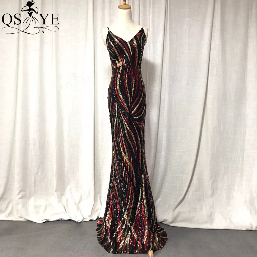 Black Red Prom Dresses Stripe Sequin Colorful Evening Gown Spaghetti Straps V neck Mermaid Multicolor SequinedParty Formal Dress