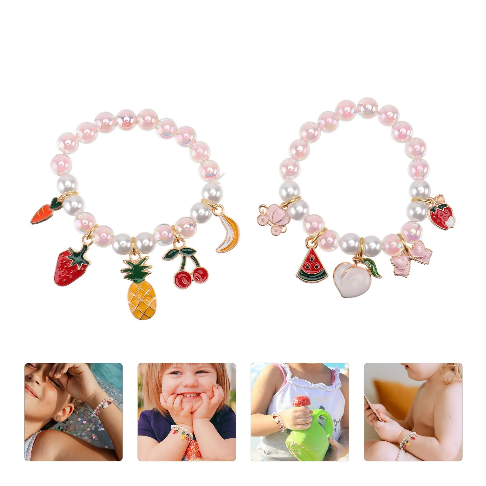 2 pçs crianças imitação de pérola pulseira menina frisado corrente de pulso adorável estilo festa de aniversário presente crianças pulseira