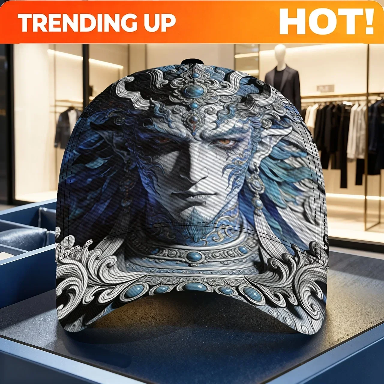 Custom Hats This Hat Showcases A Legendary, Elaborate Character Adorned With Complex Designs. The Colors Include Rich Blues