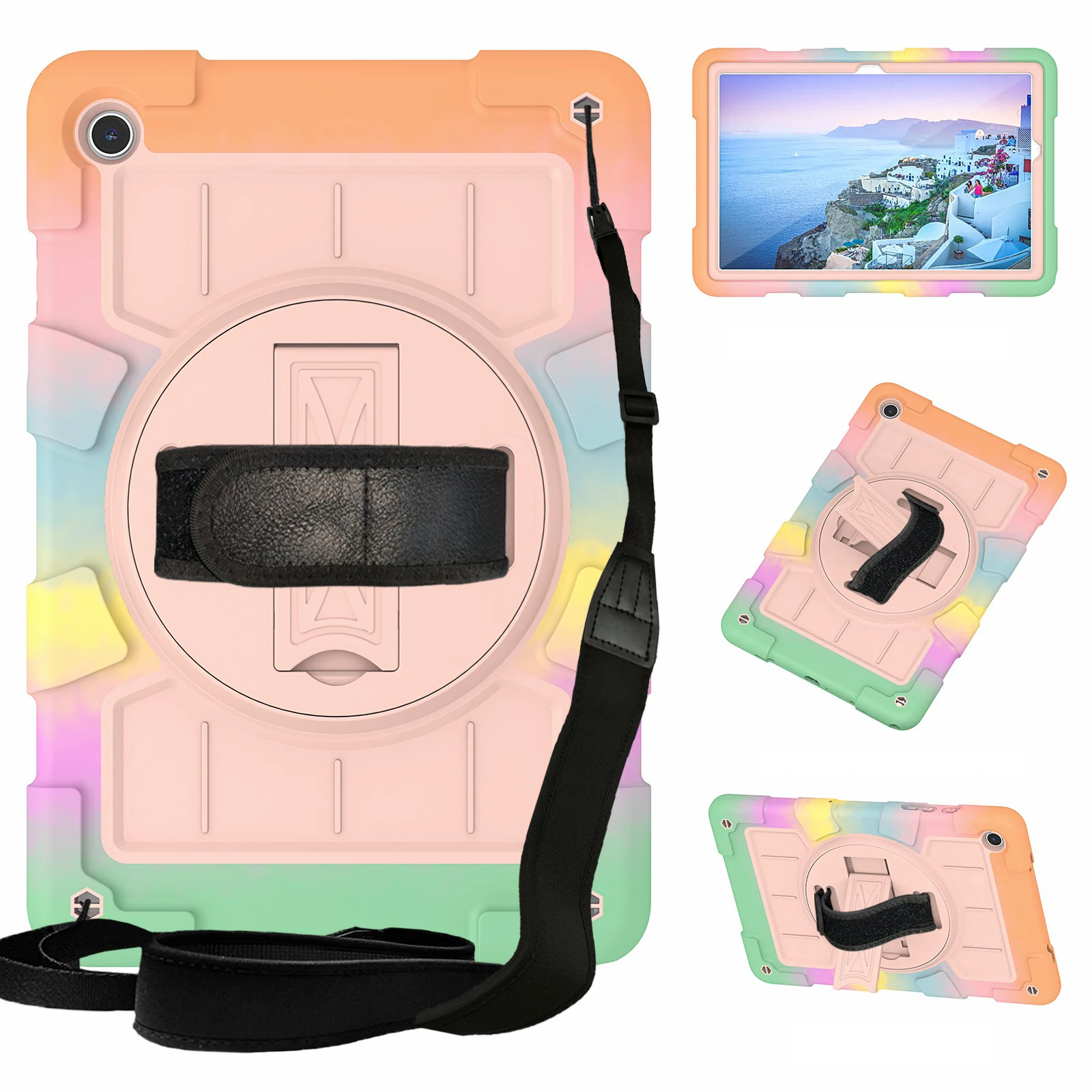 

For Samsung Galaxy Tab A9+ Rugged Kickstand Cover TPU+PC Tablet Case with Shoulder Strap - Colorful Gold