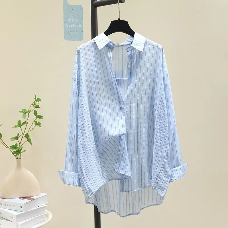 New Summer Women Fashion Striped Print Sunscreen Shirt Lapel Long Sleeve Tunic Blouse Casual Streetwear Oversized Irregular Tops