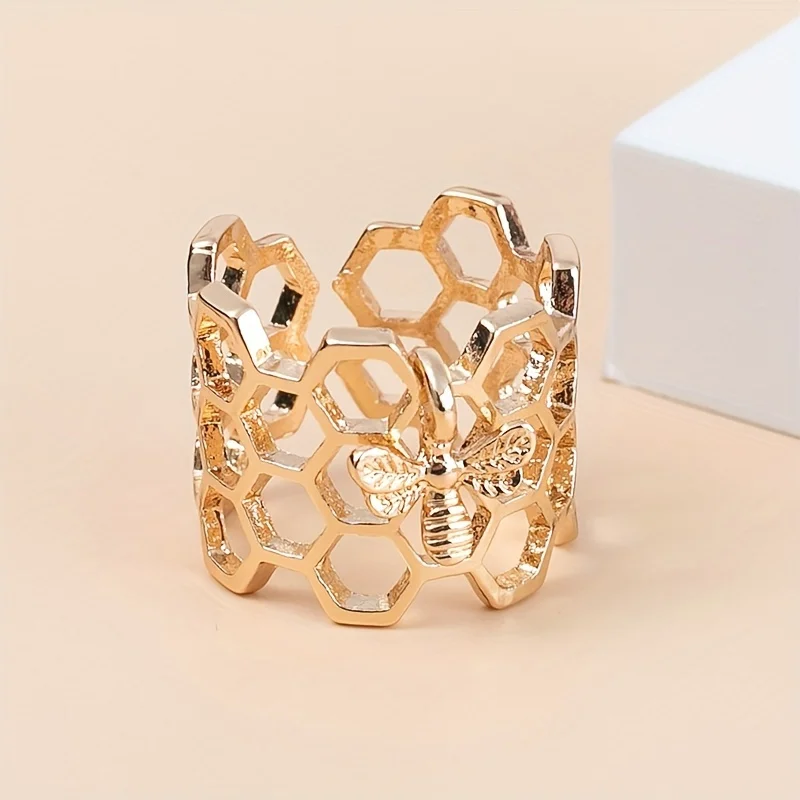 Creative opening honeycomb pattern bee ring female alloy couple wedding gift decoration