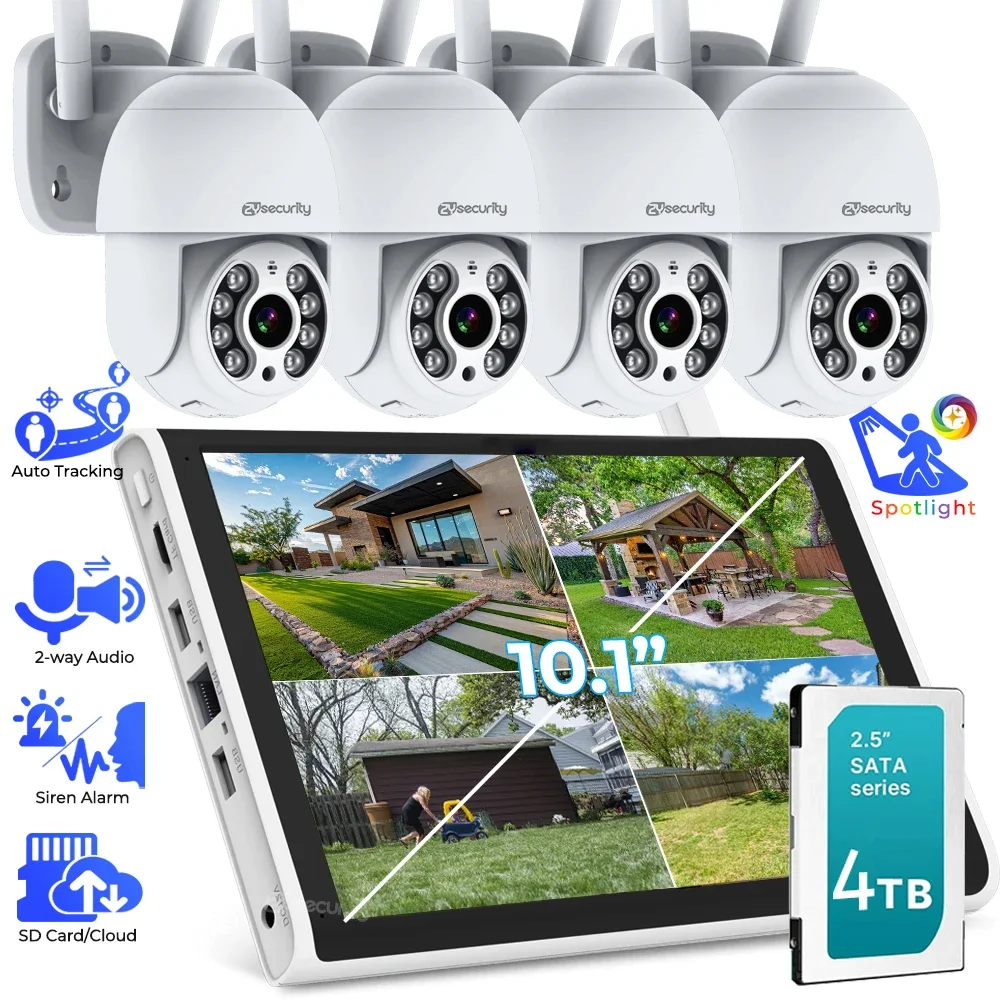 Wireless Security Cameras System Outdoor WiFi NVR Kit with Monitor PTZ IP Camera Surveillance Kits 8CH NVR+4pcs Camera Set XMEye