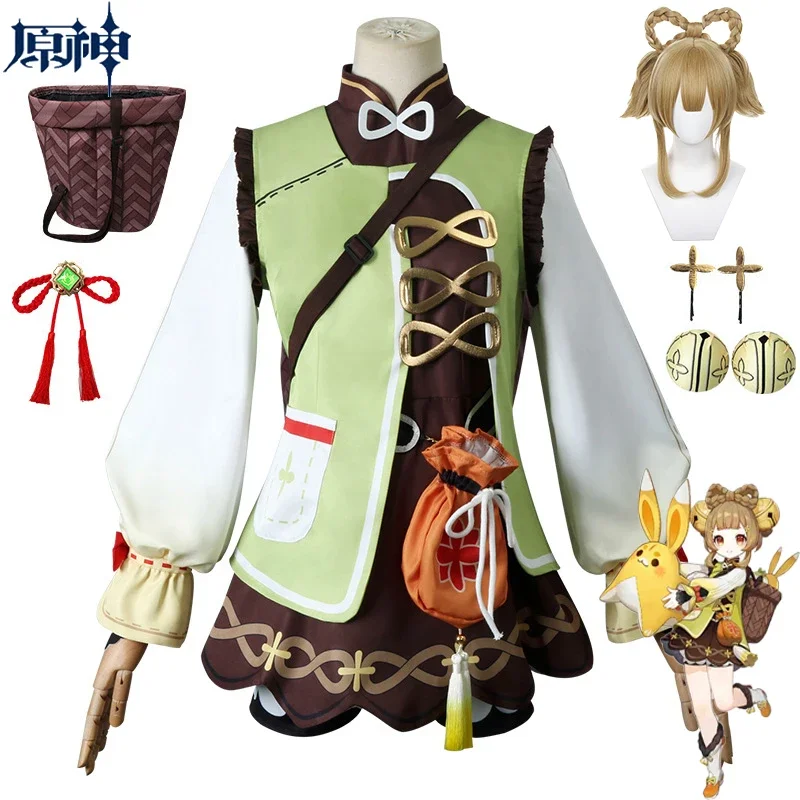 Yaoyao Cosplay Kostuum Spel Genshin Impact Yaoyao Cosplay Jurk Pruik Back Basket Lolita Uniform Halloween Kostuums Voor Vrouwen