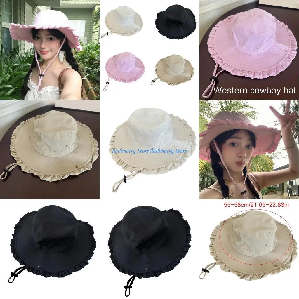 

573B Ruffle Brim Floppy Fisherman Hat Girl Sun Protective Hat Hiking Camping Headwear