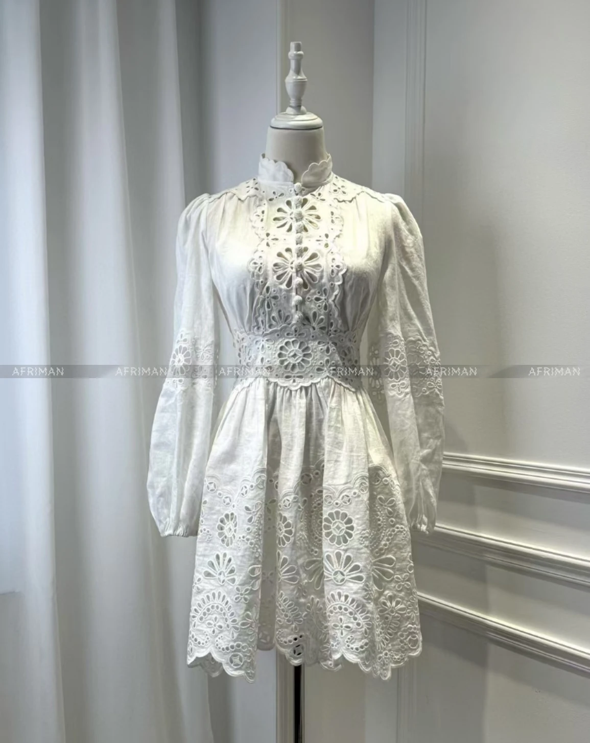 Women Mandarin Collar Lantern Long Sleeve Hollow Out Embroidery White Mini Linen Dress