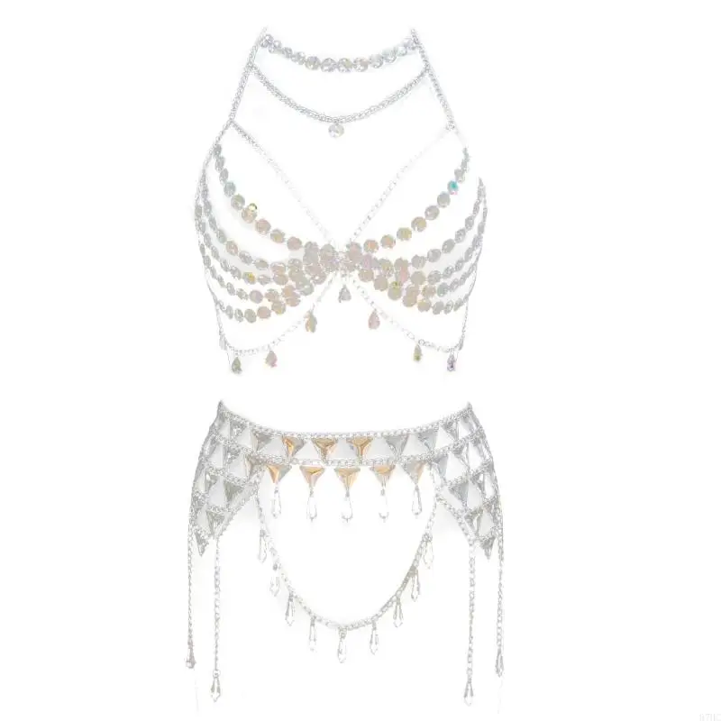

87HC Crystals Body Jewelry Set Waist Belly Chain and Bra for Fashionable Women