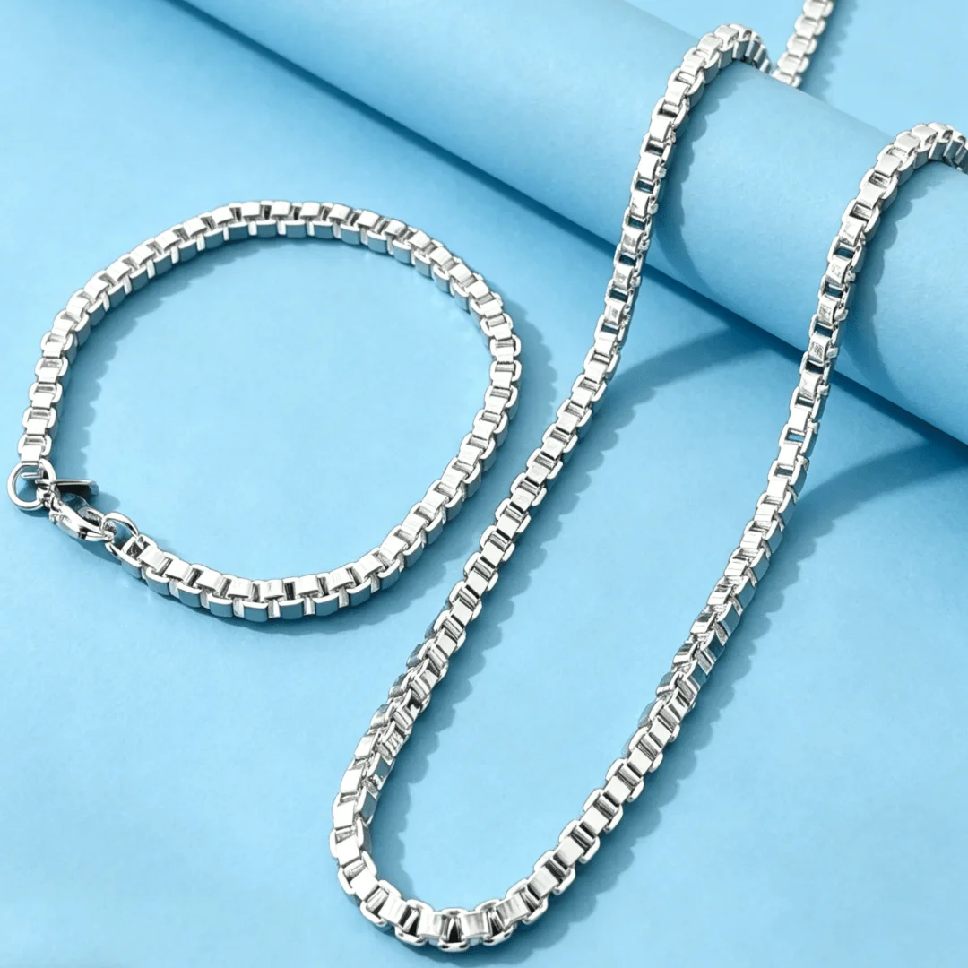 

Trendy products 925 Sterling Silver Lucky 4MM Box Bracelets Necklace Jewelry Set for Men Women Fashion Party Wedding Couple Gift