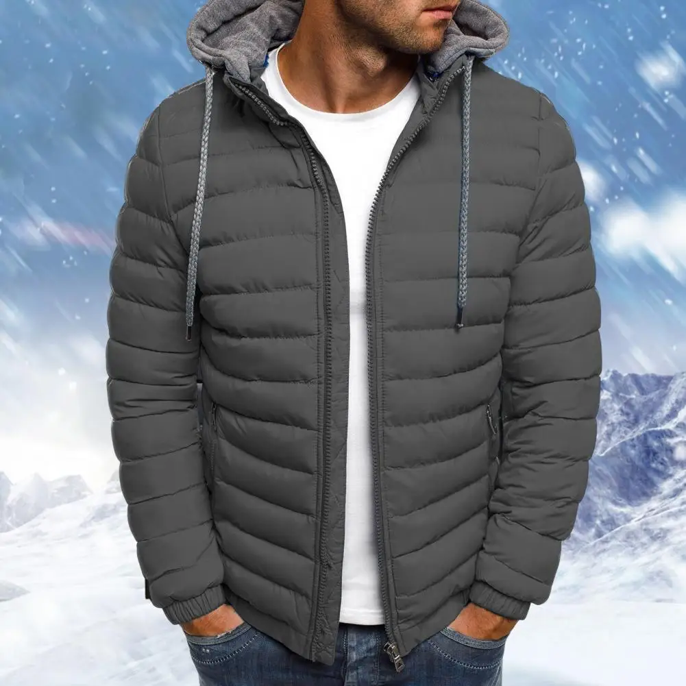 Men Jacket Hooded Zipper Solid Color Long Sleeves Pockets Coldproof Autumn Thicken Cotton Padded Overcoat for Outdoor