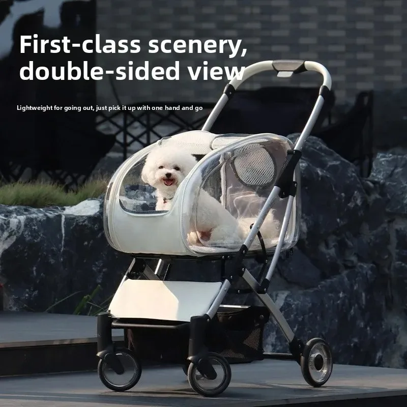 Dog Walking Cart Transparent Pet Stroller Lightweight Foldable Detachable Portable Outdoor Carrier Small Medium Dogs Stroller