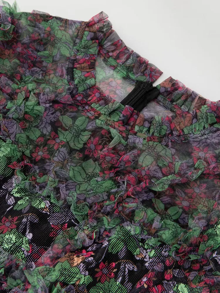 DSXDFACAIRIJ ผู้หญิงวินเทจ O-คอชุดโคมไฟแขนเสื้อ Ruffles ดอกไม้พิมพ์ตาข่ายยาวชุดพรรคฤดูใบไม้ผลิแฟชั่นสําหรับหญิง