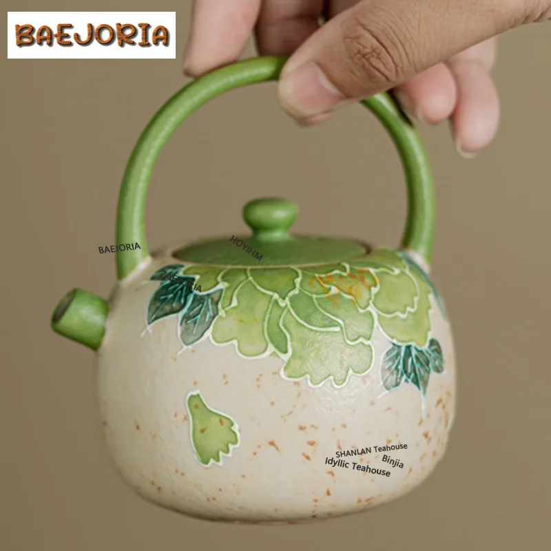 BAEJORIA, tetera de 90 ml de color verde marrón, pintada a mano con motivos de peonías, de estilo retro, con infusor para té, para preparar infusiones y con colador. Adorno para té, ideal como regalo.
