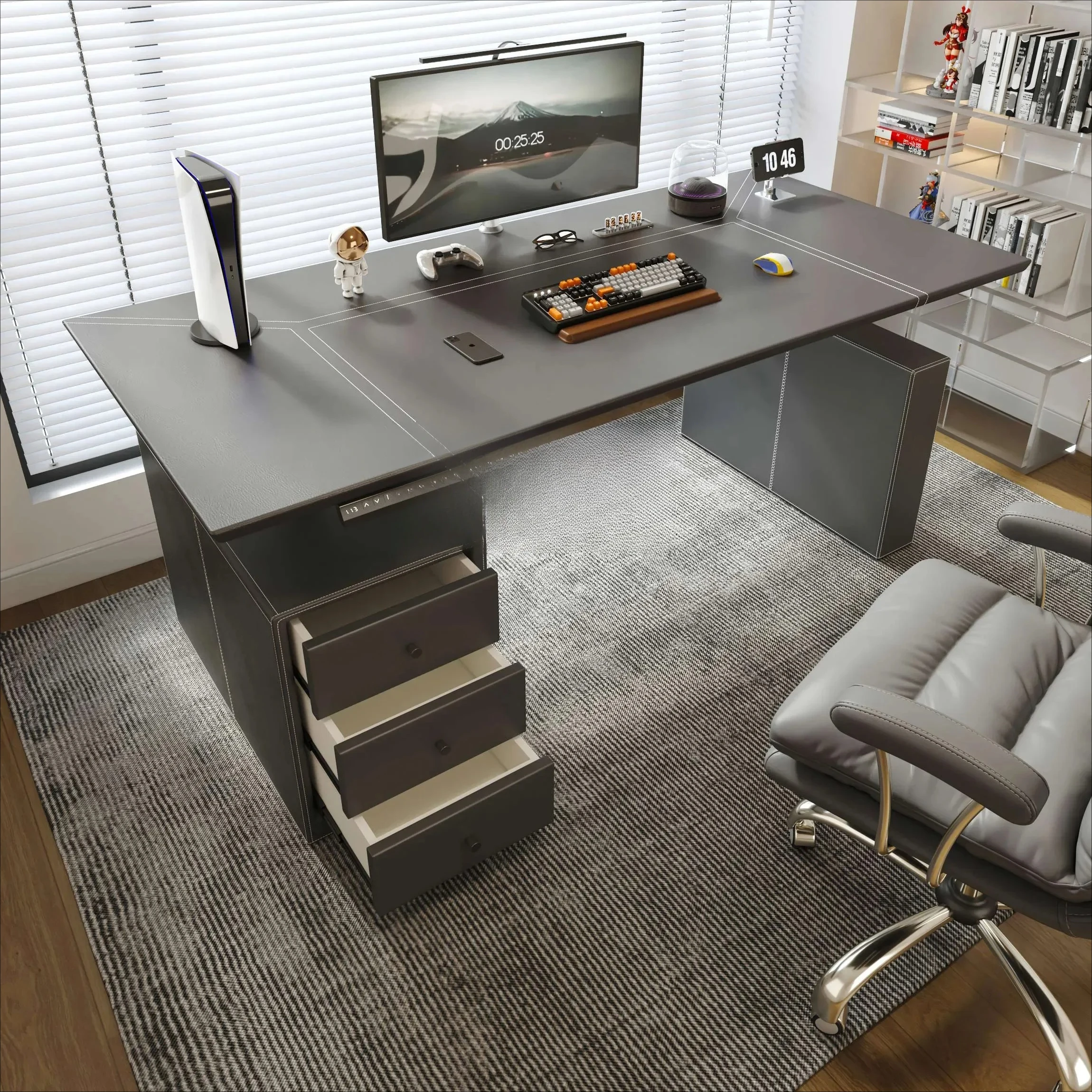 Leather frame box workbench light luxury electric lifting table office desk living room computer desk53.