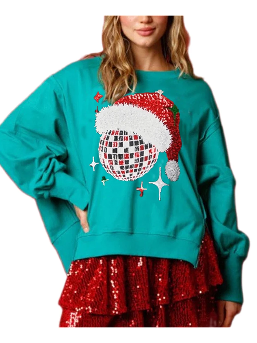 

Women'S Long Sleeved Sportswear Christmas Hat Ball Print Side Slit Off Shoulder Casual Pullover Comfortable Clothing