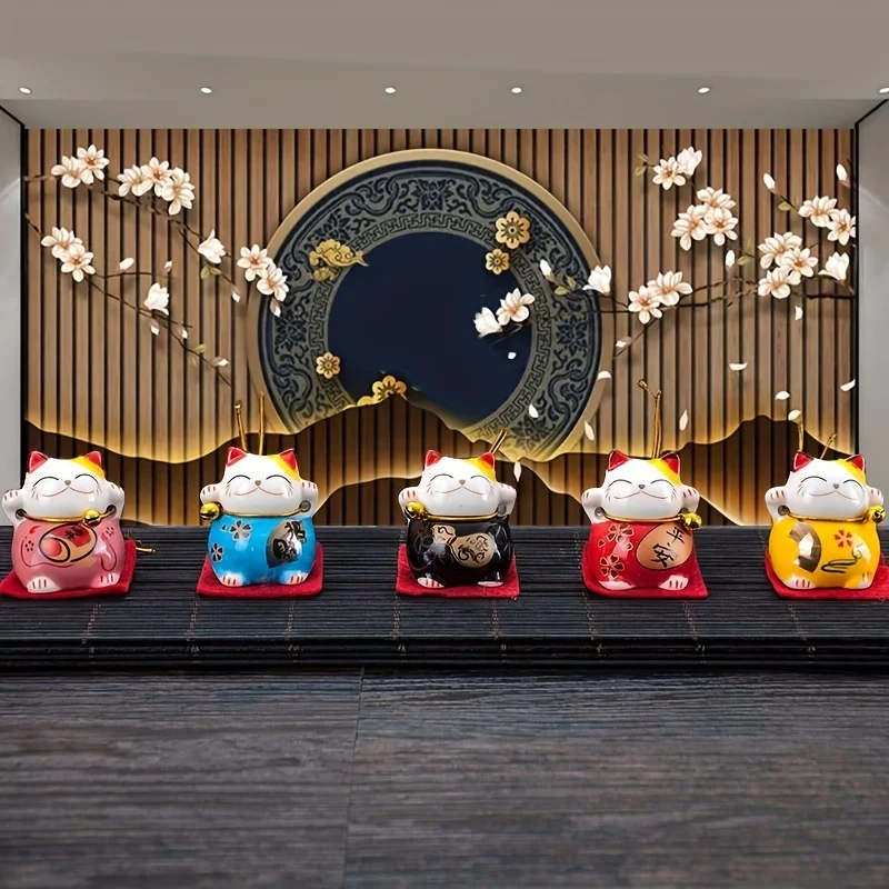 A Set Of 5 Cats - Ceramic Lucky Cat Statues For Home Office Decoration, Christmas Collectible Miniature Statues, Non Electric