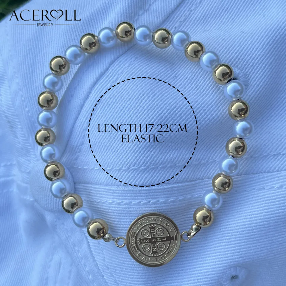 ACEROLL Stainless Steel Rosary Beads Bracelet with Saint Benedict,Miraculous Medal,Cross of the Sons and Daughters of the Light