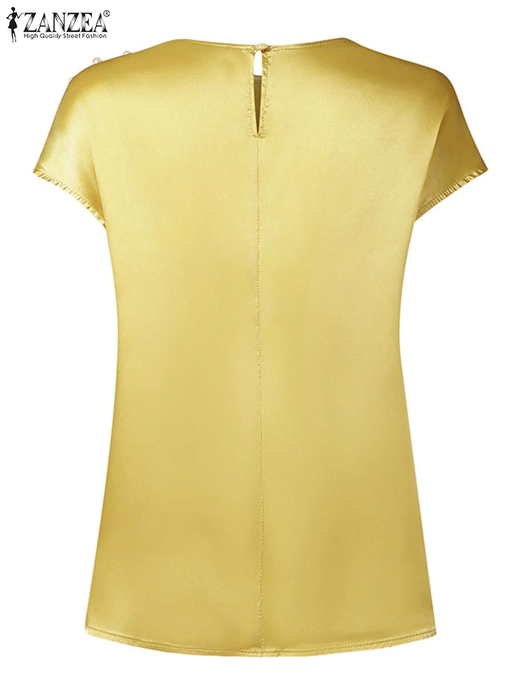 ZANZEA ผู้หญิงไข่มุกรายละเอียดซาตินเสื้อแฟชั่นฤดูร้อนรอบคอหมวกแขนจีบ Elegant Chemises Streetwear Blusas Mujer