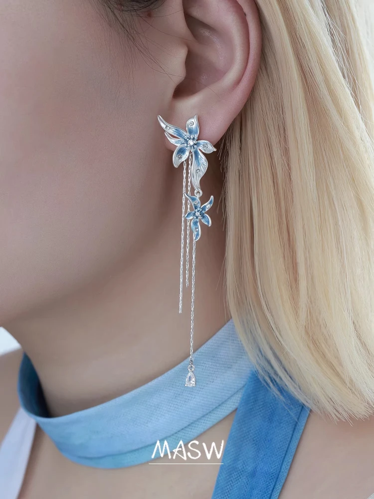MASW Original Design Blue Flower Tassel Earrings For Women Female Gifts Temperament Pretty Ear Accessories Fashion Jewelry