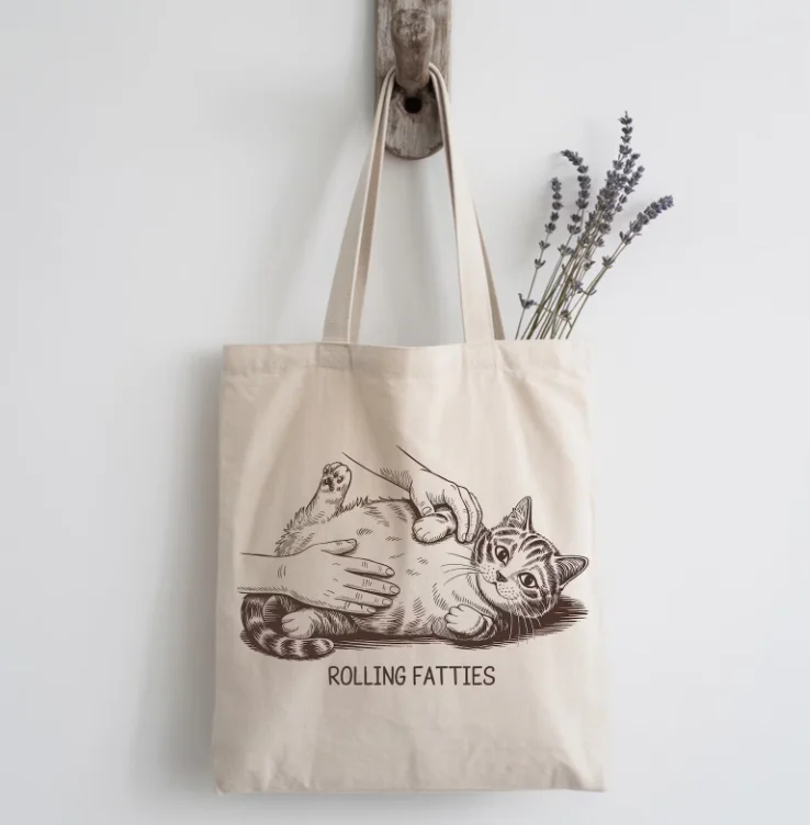 Cute Cat Belly Rub Tote Bag Unique Cat Lover Gift Boho Aesthetic Canvas Tote Bag for Cat Enthusiasts Shopping Handbag Minimalist