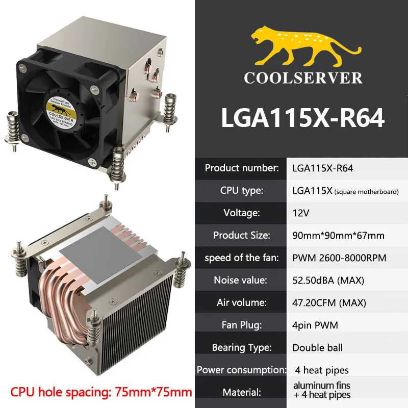 Imagem -02 - Coolserver R64 Servidor Cpu Cooler 180w Heatpipes Estação de Trabalho Radiador Pwm 4pin Ventilador de Refrigeração para Intel Lga2011 1700 115x Amd Am4