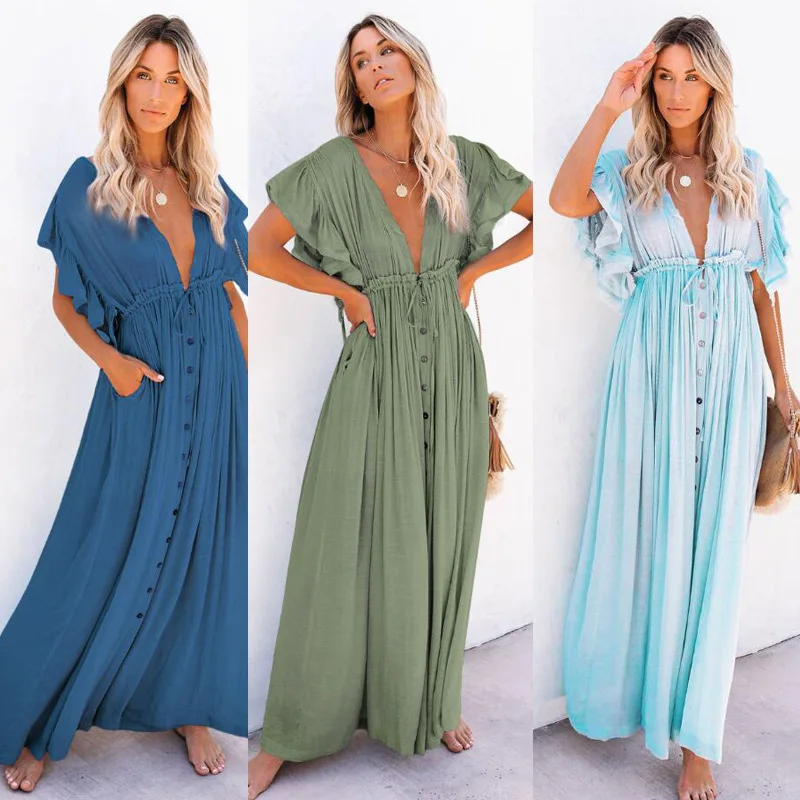 2024 Summer Long Bikini Cover Ups for Women Solid V-Neck Kimono Beach Dresses Lace Up Anti-Sun Swim Dress Bohemian Sarong Skirt