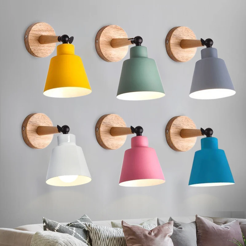 

Nordic Wood Wall Lights Bedroom Beside LED Lights Macaroon Modern E27 Wall Lamps LED Restaurant Bar Lighting