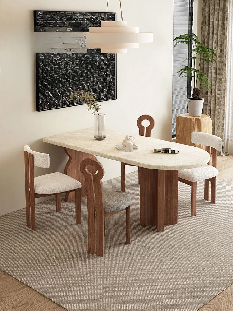 

French natural travertine rock slab dining table living room against the wall island table solid wood dining table