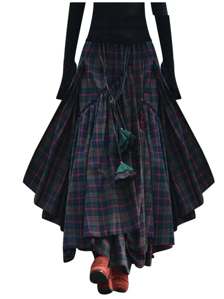 غير النظامية منقوشة المرقعة تنورة كبيرة عالية الخصر غير المتكافئة عادية عالية الخصر التنانير للنساء فضفاضة تناسب الخريف التنانير