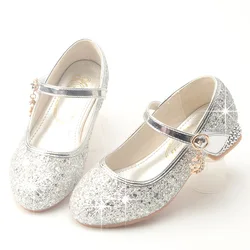 Zapatos de cuero de princesa para niños, zapatos informales con flores y purpurina, tacón de cristal y diamantes de imitación, zapatos de tacón alto para fiesta y actuación de baile