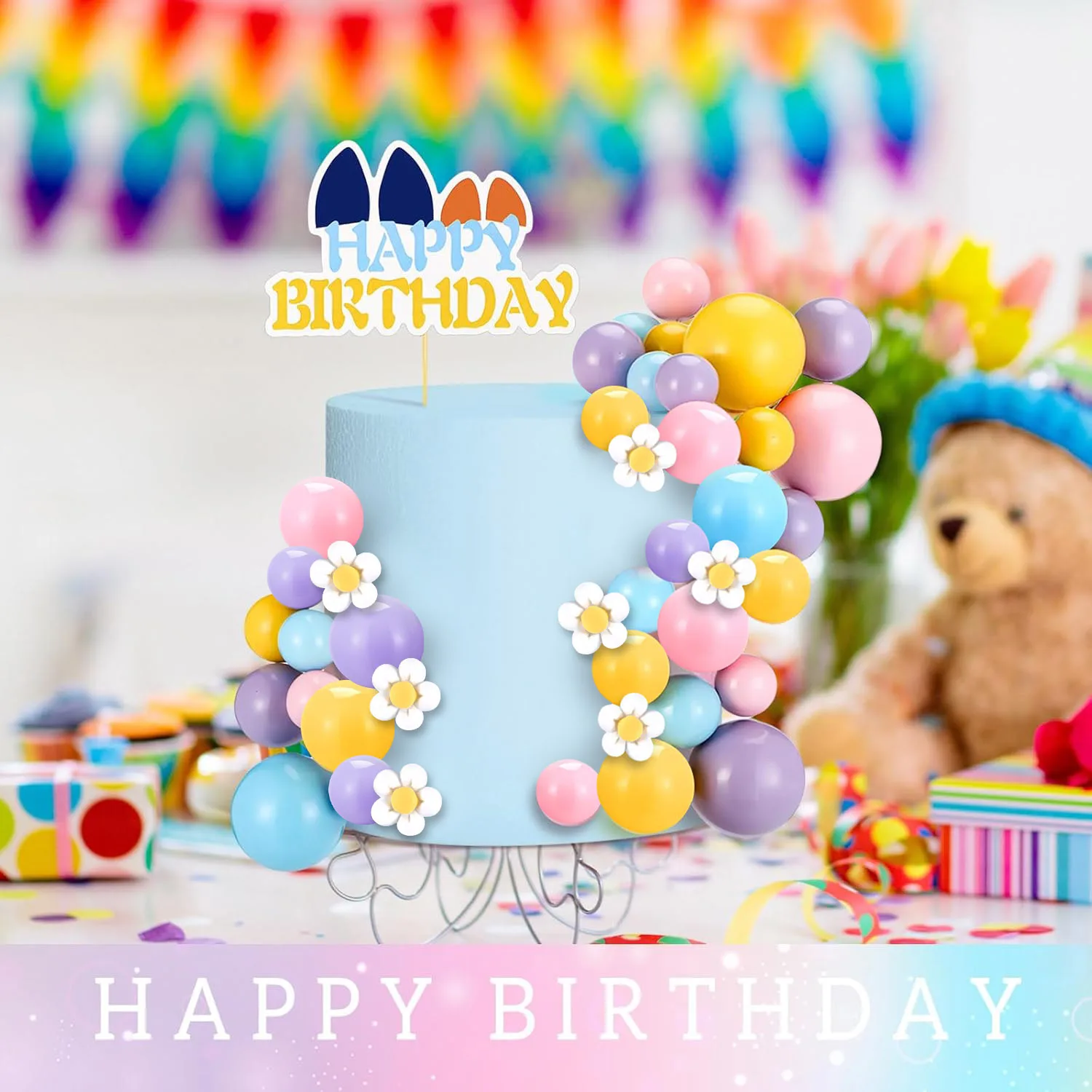 63Pcs Blue Dog Cake Toppers with Balls and Flowers for Birthday Decoration Groovy Pastel Cupcake Inserts Hippie Wedding Party