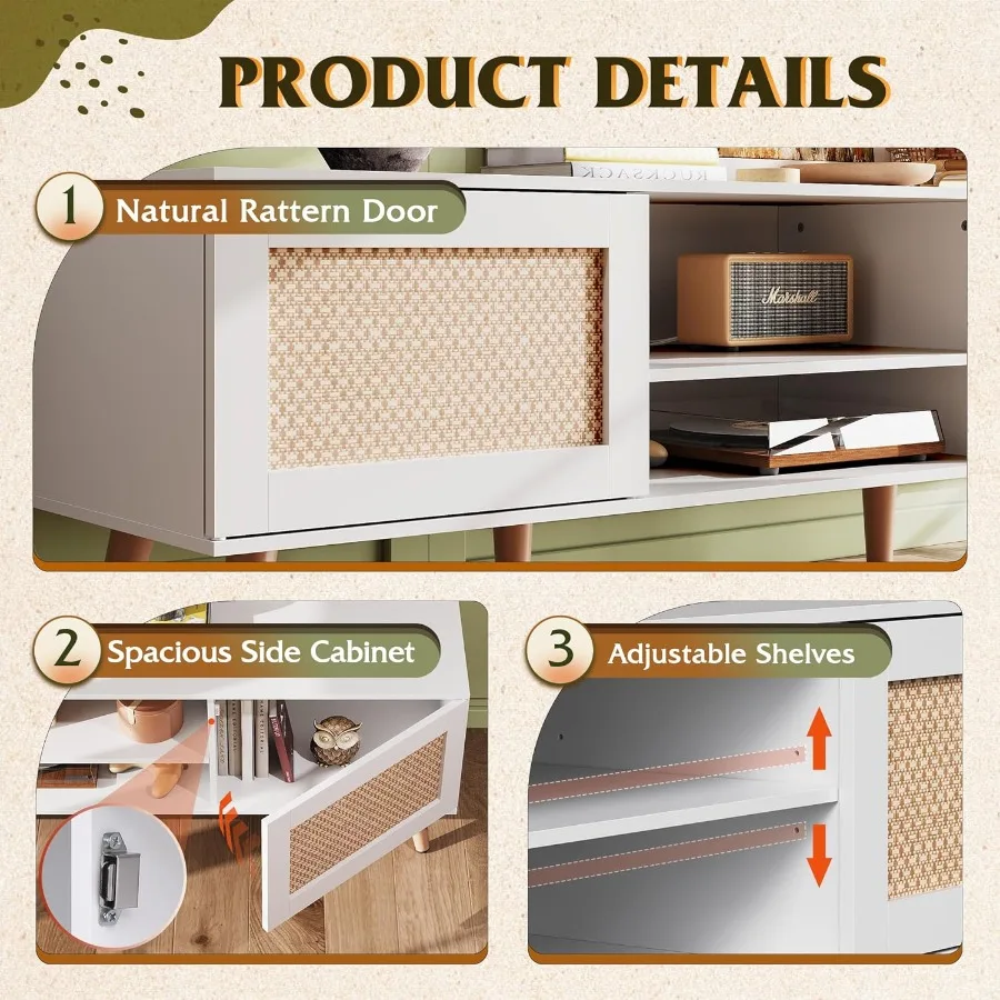 حامل تلفزيون لتلفزيون 65 بوصة 58 حامل تلفزيون بوهو لمركز الترفيه لوحدة تحكم تلفزيون غرفة المعيشة مع خزائن تخزين باللون الأبيض