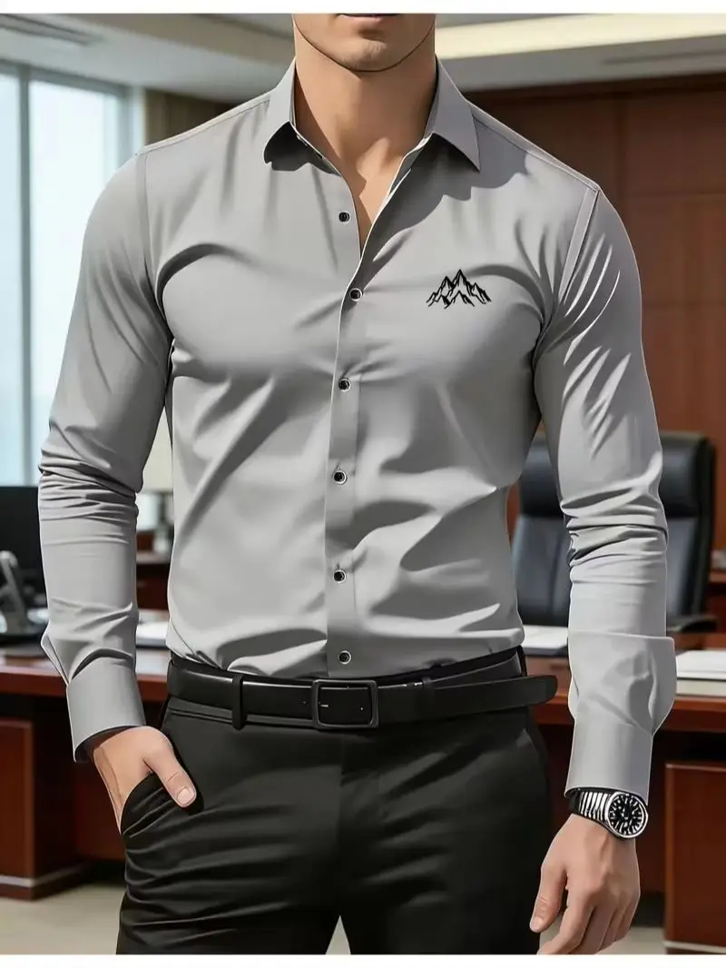 Men's Business Casual Dress Shirt Loose Fit Snow Mountain Print Mountain-Shape Logo Long Sleeve Comfortable Office Wear