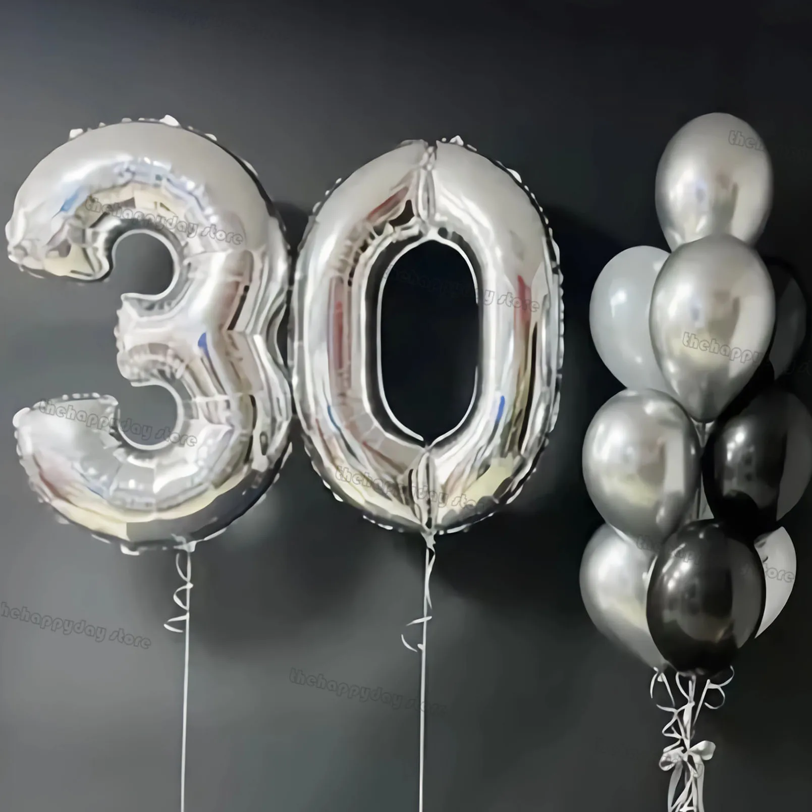 13/1 Stück Silber-Luftballons mit Zahl 30, Schwarz-Weiß-Silber-Zahlen-Folienballon „Happy 40 50. Geburtstag“, Jahrestag, Hochzeitsdekorationen