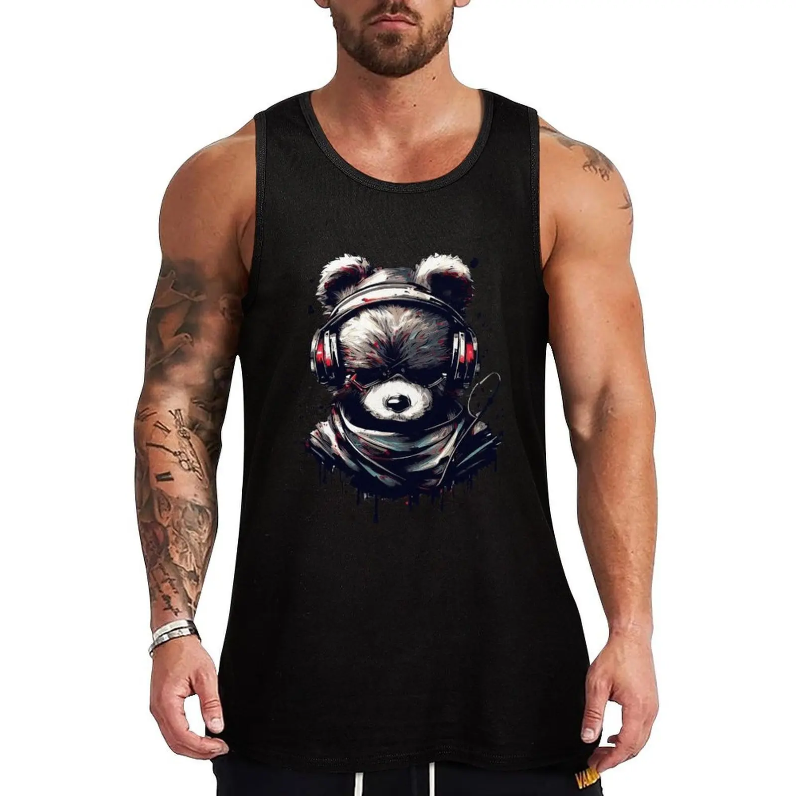 

Retro Anime ninja bear in headphones and scarf Tank Top fashion 2025 man muscular man new in tops & t-shirt T-shirts men