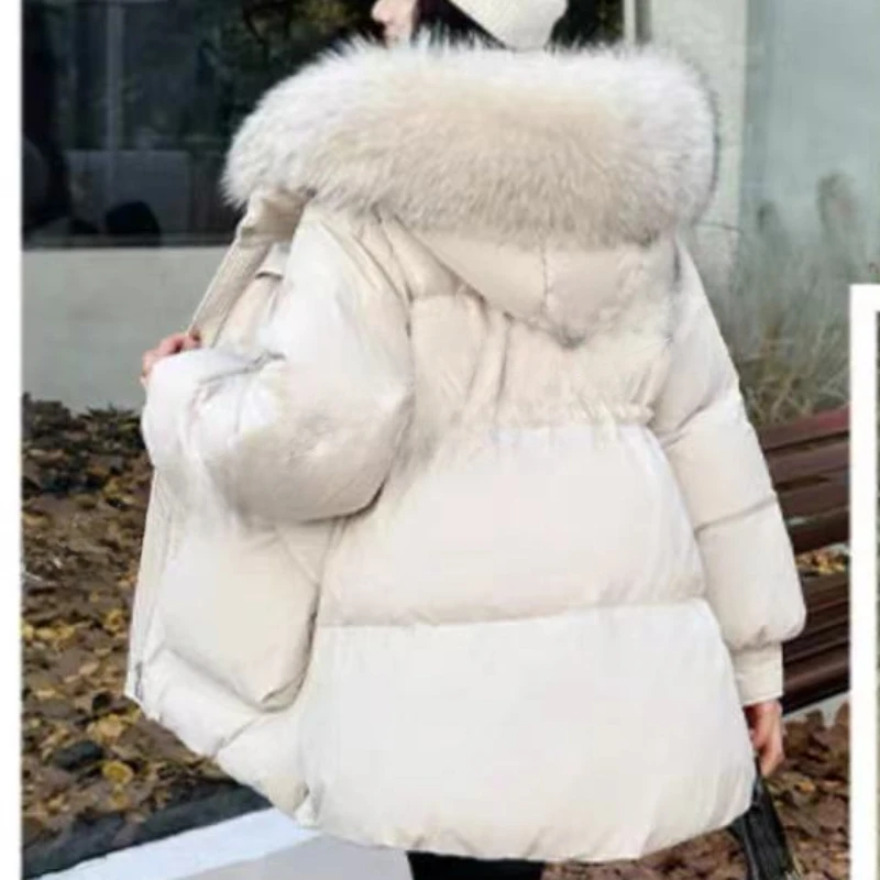 Mid-Length Hooded Parkas for Women, Big Hair Collar Coat, Thick Loose Down Jacket, Windproof Coat, Female Fashion, Winter