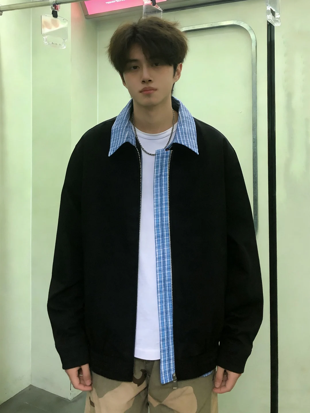 

Мужская куртка-бомбер в американском стиле с клетчатым воротником и вставками, премиум-качество, весенняя верхняя одежда свободного кроя с длинными рукавами