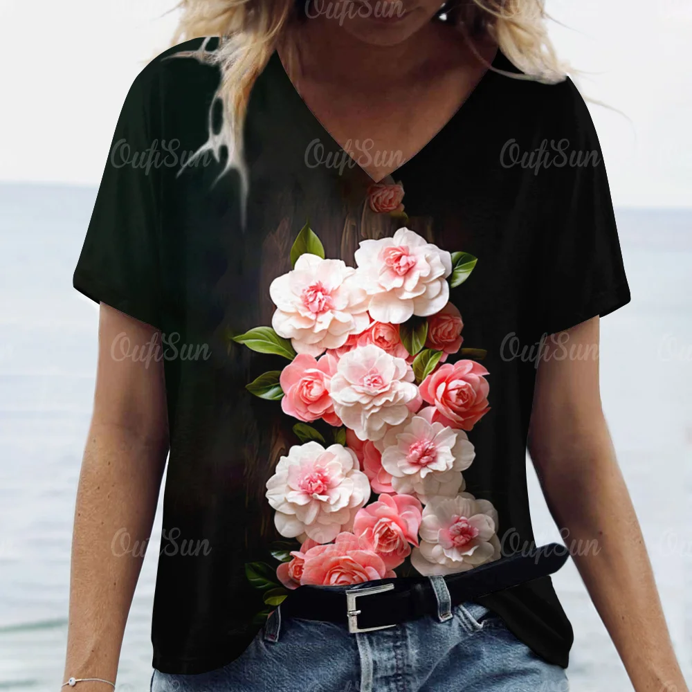 

2024Fashion Women T shirt Summer Floral T-Shirt Plus Size Clothing Oversized Designer Short Sleeve Shirt Women V Neck Blouse