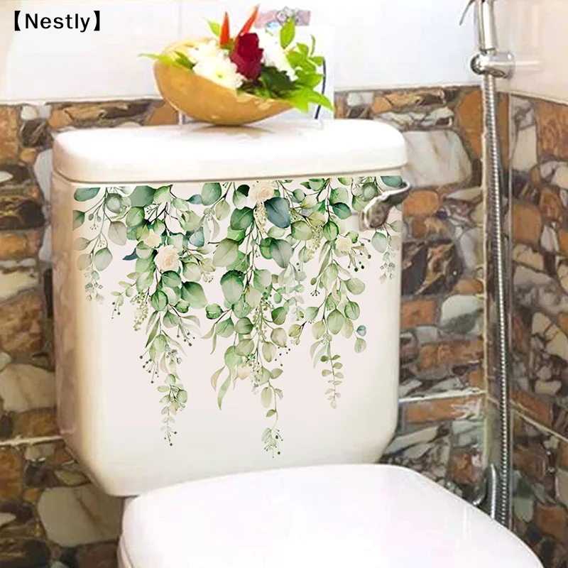 Green Plant Leaves Wall Sticker Bathroom Toilet Decor Living Room Cabinet Home Decoration Decals Beautify 〔Nest〕