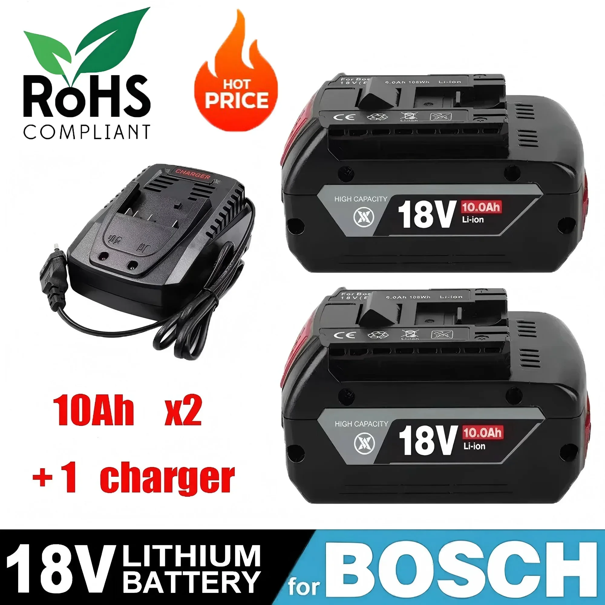 

BAT610G + AL1820CV для Bosch Professional 18 В 10,0 Ач Замена литий-ионного аккумулятора со светодиодом и для быстрого зарядного устройства Bosch 14,4 В-18 В