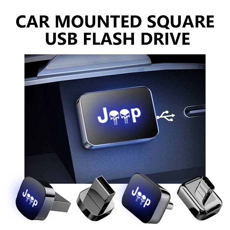 Pen Drive USB Quadrado Montado no Carro para Jeep, Mini Pen Drive de Metal para Armazenamento de Música, Compatível com Renegade, Compass, Cherokee, Wrangler, Patriot, Liberty