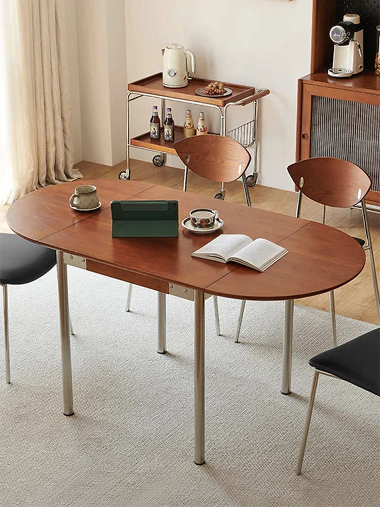 

Japanese retro medieval solid wood folding dining table household stainless steel oval table